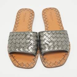 Bottega Veneta Metallic Grey Intrecciato Leather Flat Slide Sandals Size 36