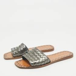 Bottega Veneta Metallic Grey Intrecciato Leather Flat Slide Sandals Size 36