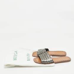 Bottega Veneta Metallic Grey Intrecciato Leather Flat Slide Sandals Size 36