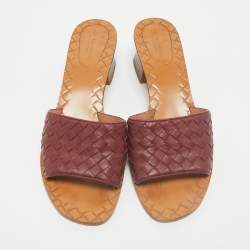 Bottega Veneta Burgundy Intrecciato Leather Ravello Slide Sandals Size 38.5