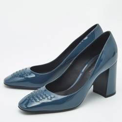 Pre Owned Bottega Veneta Blue Intrecciato Patent Leather Block Heel Pumps Size 36.5