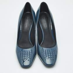 Pre Owned Bottega Veneta Blue Intrecciato Patent Leather Block Heel Pumps Size 36.5