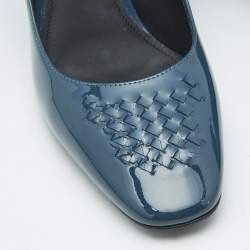 Pre Owned Bottega Veneta Blue Intrecciato Patent Leather Block Heel Pumps Size 36.5