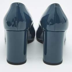 Pre Owned Bottega Veneta Blue Intrecciato Patent Leather Block Heel Pumps Size 36.5