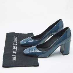 Pre Owned Bottega Veneta Blue Intrecciato Patent Leather Block Heel Pumps Size 36.5