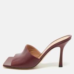 Bottega Veneta Burgundy Leather Stretch Square Toe Slide Sandals Size 39