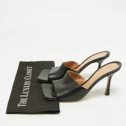 Pre Owned Bottega Veneta Black Leather Stretch Square Toe Slide Sandals Size 39
