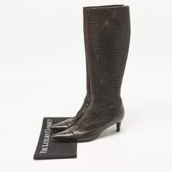 Pre Owned Bottega Veneta Dark Brown Woven Leather Zipped Knee Length Boots Size 39.5