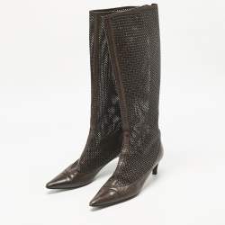 Pre Owned Bottega Veneta Dark Brown Woven Leather Zipped Knee Length Boots Size 39.5