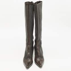 Pre Owned Bottega Veneta Dark Brown Woven Leather Zipped Knee Length Boots Size 39.5