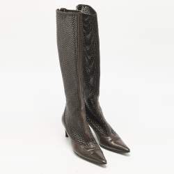 Pre Owned Bottega Veneta Dark Brown Woven Leather Zipped Knee Length Boots Size 39.5