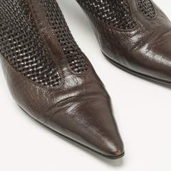 Pre Owned Bottega Veneta Dark Brown Woven Leather Zipped Knee Length Boots Size 39.5