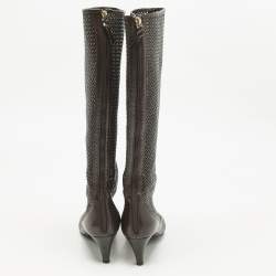 Pre Owned Bottega Veneta Dark Brown Woven Leather Zipped Knee Length Boots Size 39.5