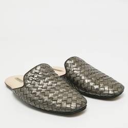 Pre Owned Bottega Veneta Metallic Bronze Leather Intrecciato Mules 38