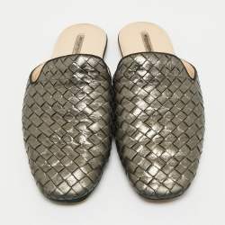 Pre Owned Bottega Veneta Metallic Bronze Leather Intrecciato Mules 38