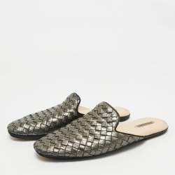 Pre Owned Bottega Veneta Metallic Bronze Leather Intrecciato Mules 38