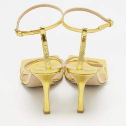 Pre Owned Bottega Veneta Gold Leather Stretch Ankle Strap Sandals Size 37.5