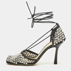 Pre Owned Bottega Veneta Black Crystal Embellished Mesh Sparkle Stretch Sandals Size 39