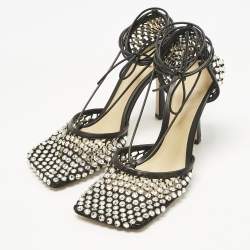 Pre Owned Bottega Veneta Black Crystal Embellished Mesh Sparkle Stretch Sandals Size 39