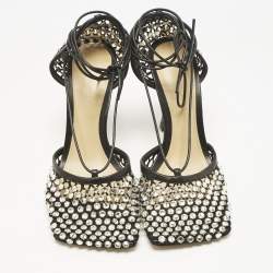 Pre Owned Bottega Veneta Black Crystal Embellished Mesh Sparkle Stretch Sandals Size 39