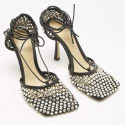 Pre Owned Bottega Veneta Black Crystal Embellished Mesh Sparkle Stretch Sandals Size 39