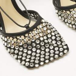Pre Owned Bottega Veneta Black Crystal Embellished Mesh Sparkle Stretch Sandals Size 39