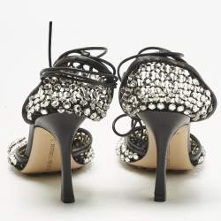 Pre Owned Bottega Veneta Black Crystal Embellished Mesh Sparkle Stretch Sandals Size 39