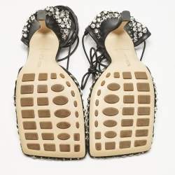Pre Owned Bottega Veneta Black Crystal Embellished Mesh Sparkle Stretch Sandals Size 39