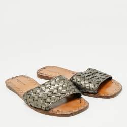 Pre Owned Bottega Veneta Metallic Grey Intrecciato Leather Flat Slides Size 39