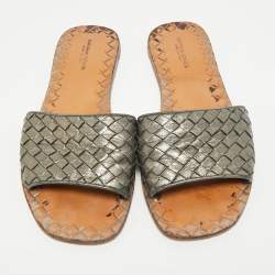 Pre Owned Bottega Veneta Metallic Grey Intrecciato Leather Flat Slides Size 39