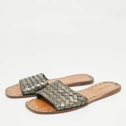 Pre Owned Bottega Veneta Metallic Grey Intrecciato Leather Flat Slides Size 39