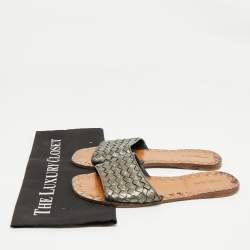 Pre Owned Bottega Veneta Metallic Grey Intrecciato Leather Flat Slides Size 39