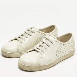 Pre Owned Bottega Veneta White Intrecciato Leather Low Top Sneakers Size 38