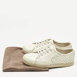 Pre Owned Bottega Veneta White Intrecciato Leather Low Top Sneakers Size 38