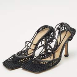 Pre Owned Bottega Veneta Black Crochet Mesh and Leather Stretch Ankle Wrap Pumps Size 36