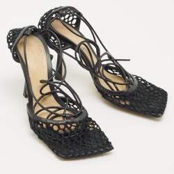 Pre Owned Bottega Veneta Black Crochet Mesh and Leather Stretch Ankle Wrap Pumps Size 36
