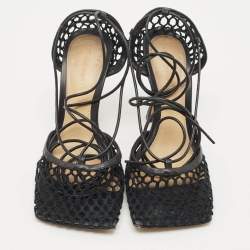 Pre Owned Bottega Veneta Black Crochet Mesh and Leather Stretch Ankle Wrap Pumps Size 36