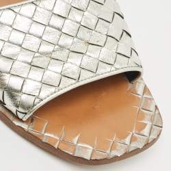 Pre Owned Bottega Veneta Silver Intrecciato Leather Calvados Slingback Sandals Size 38