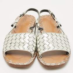 Pre Owned Bottega Veneta Silver Intrecciato Leather Calvados Slingback Sandals Size 38