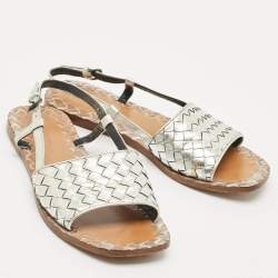 Pre Owned Bottega Veneta Silver Intrecciato Leather Calvados Slingback Sandals Size 38