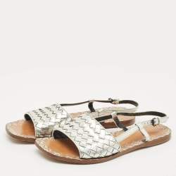 Pre Owned Bottega Veneta Silver Intrecciato Leather Calvados Slingback Sandals Size 38