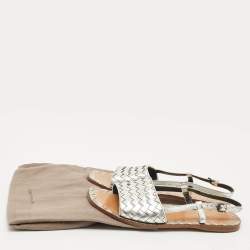 Pre Owned Bottega Veneta Silver Intrecciato Leather Calvados Slingback Sandals Size 38