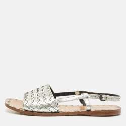 Pre Owned Bottega Veneta Silver Intrecciato Leather Calvados Slingback Sandals Size 38