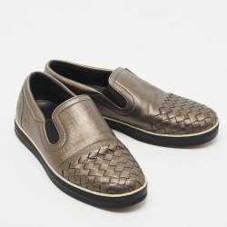 Pre Owned Bottega Veneta Metallic Grey Intrecciato Leather Slip On Sneakers Size 37.5