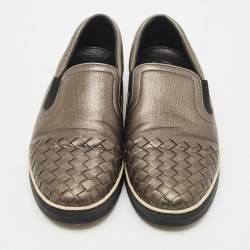 Pre Owned Bottega Veneta Metallic Grey Intrecciato Leather Slip On Sneakers Size 37.5