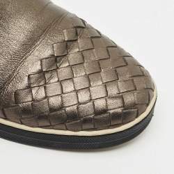 Pre Owned Bottega Veneta Metallic Grey Intrecciato Leather Slip On Sneakers Size 37.5