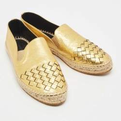 Pre Owned Bottega Veneta Gold Leather Intrecciato Espadrille Flats Size 37