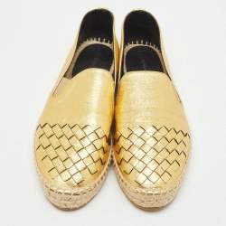 Pre Owned Bottega Veneta Gold Leather Intrecciato Espadrille Flats Size 37