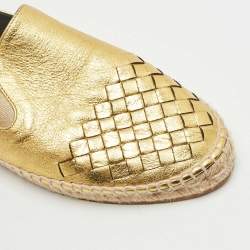 Pre Owned Bottega Veneta Gold Leather Intrecciato Espadrille Flats Size 37