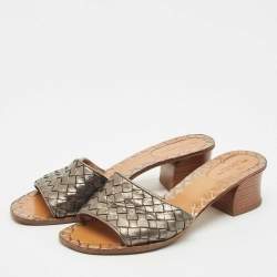 Pre Owned Bottega Veneta Metallic Intrecciato Leather Ravello Slide Sandals Size 37.5
